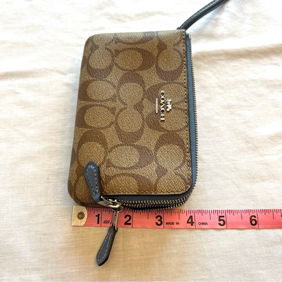 Coach Tan Double Corner Zip Wristlet in Signature Canvas & Blue Fabric Interior - Picture 14 of 14